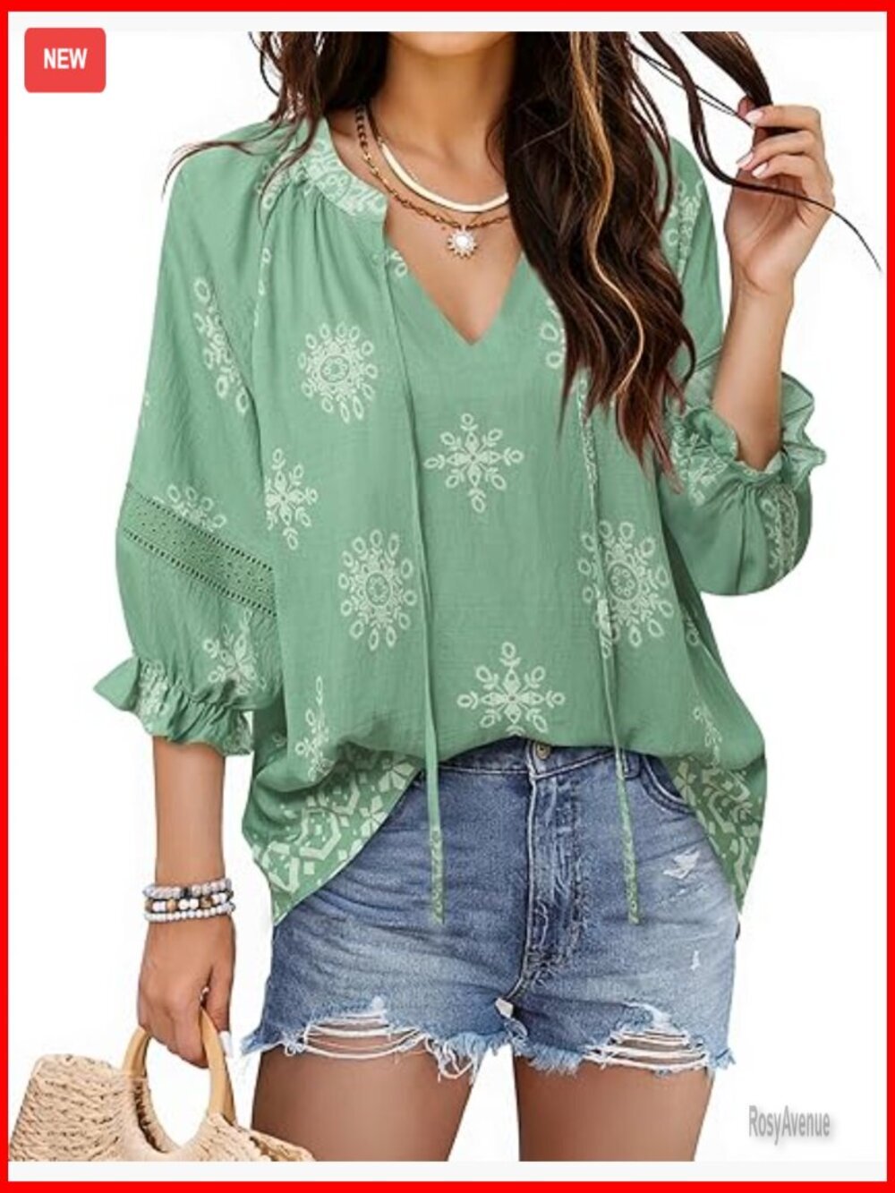 Flowy V-Neck Front Tie Top 3/4 Sleeve Peasant Blouse Boho Shirt